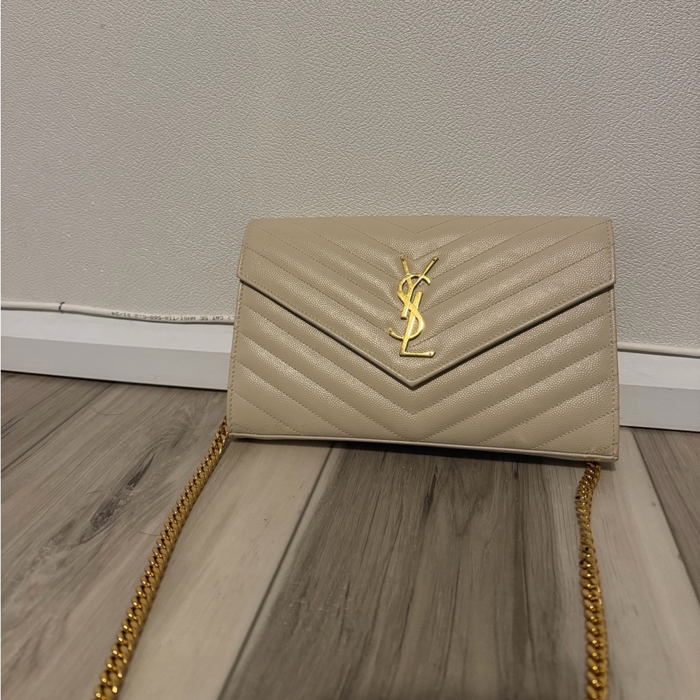 Yves Saint Laurent Beige Quilted Clutch with Gold Chain